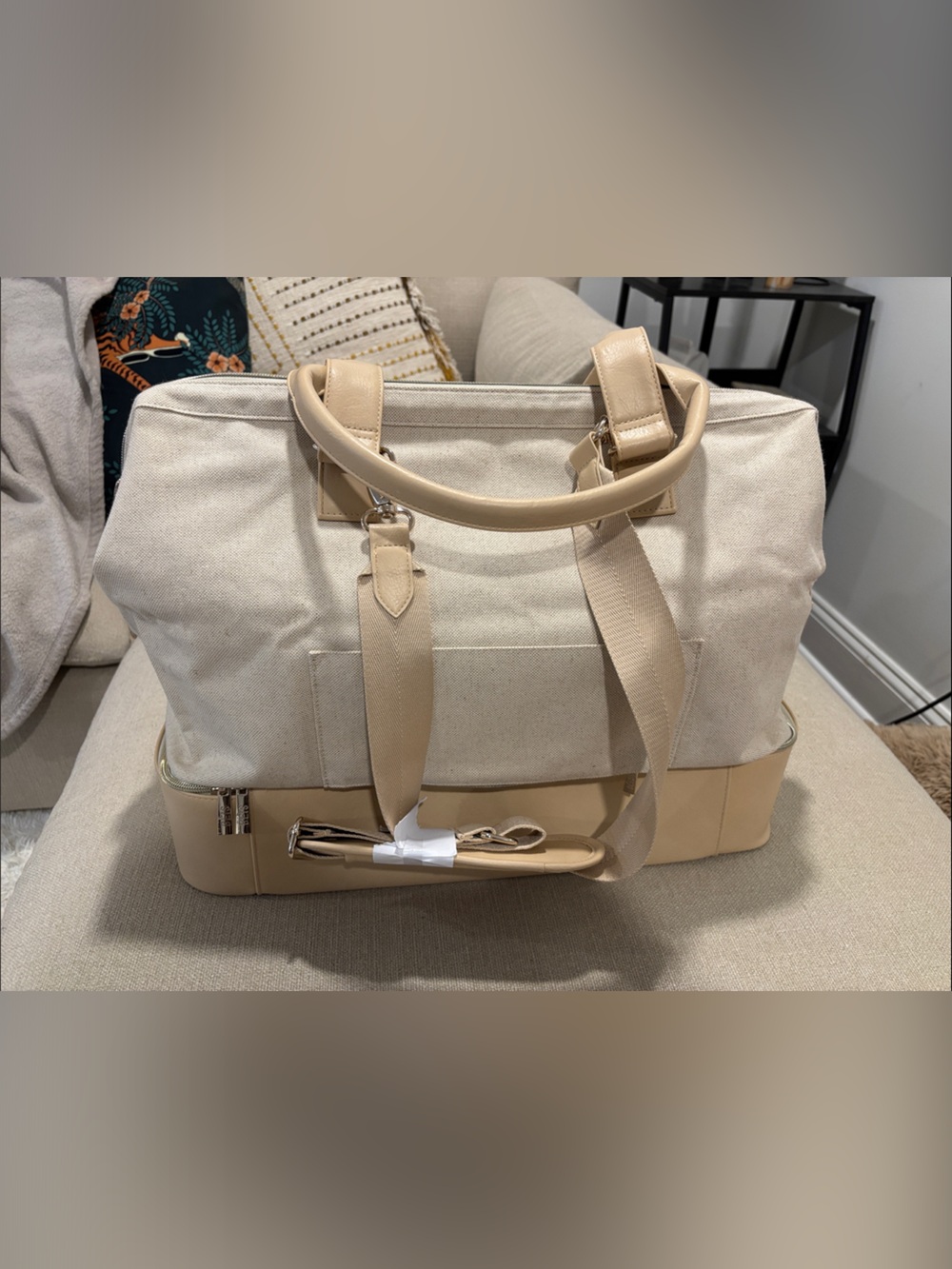BEIS Beige Canvas Travel Bag with Tan Leather Trim